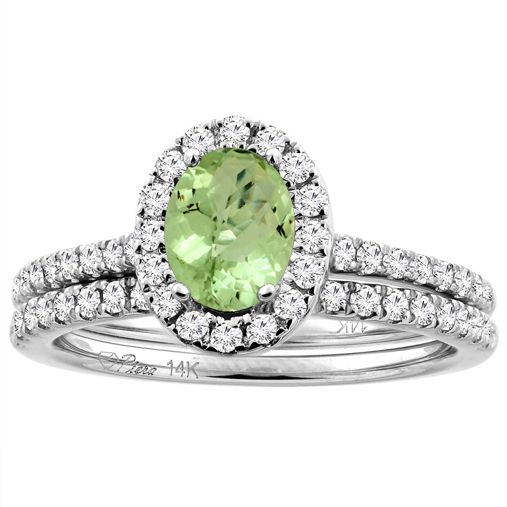 Sabrina Silver 14K White/Yellow Gold Diamond Halo Natural Peridot 2pc Engagement Ring Set Oval 7x5 mm, sizes 5-10