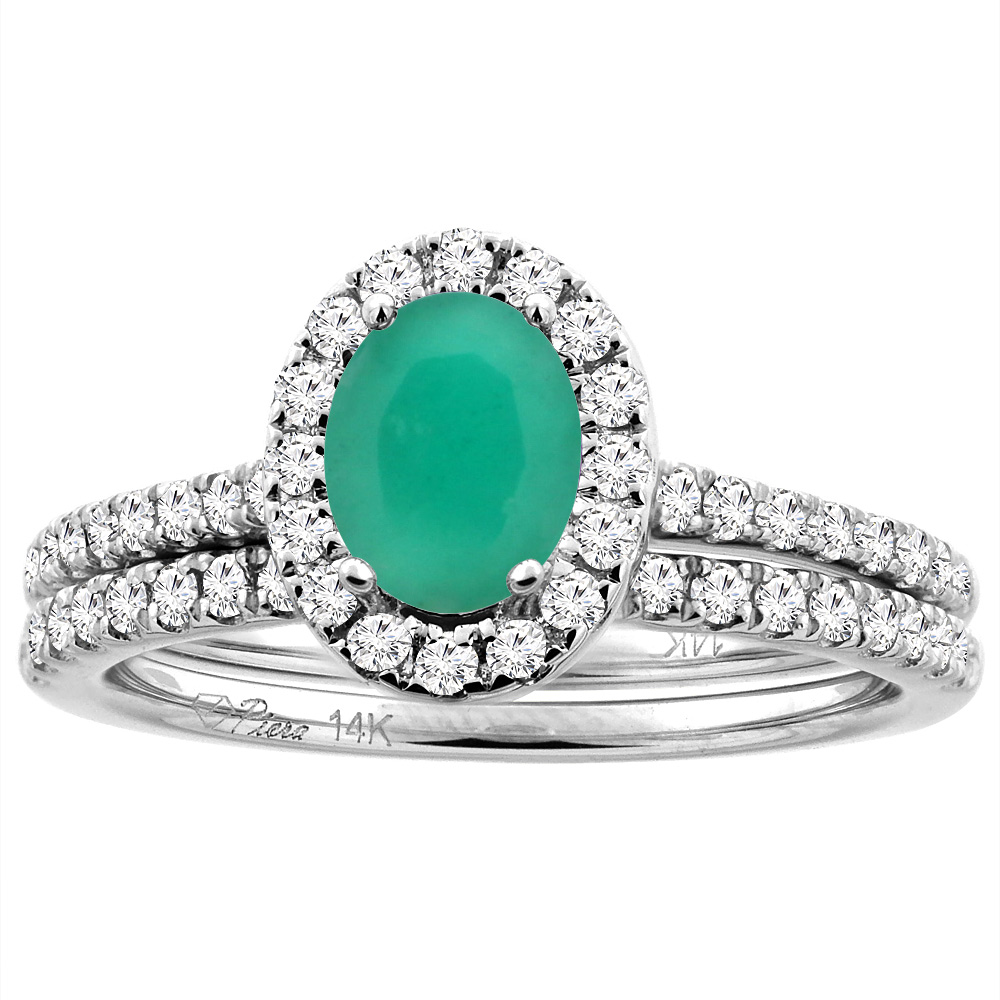 Sabrina Silver 14K White/Yellow Gold Diamond Halo Natural Emerald 2pc Engagement Ring Set Oval 7x5 mm, sizes 5-10