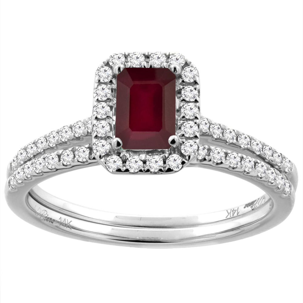 Sabrina Silver 14K White/Yellow Gold Diamond Halo Enhanced Genuine Ruby 2pc Engagement Ring Set Octagon 7x5 mm, sizes 5-10