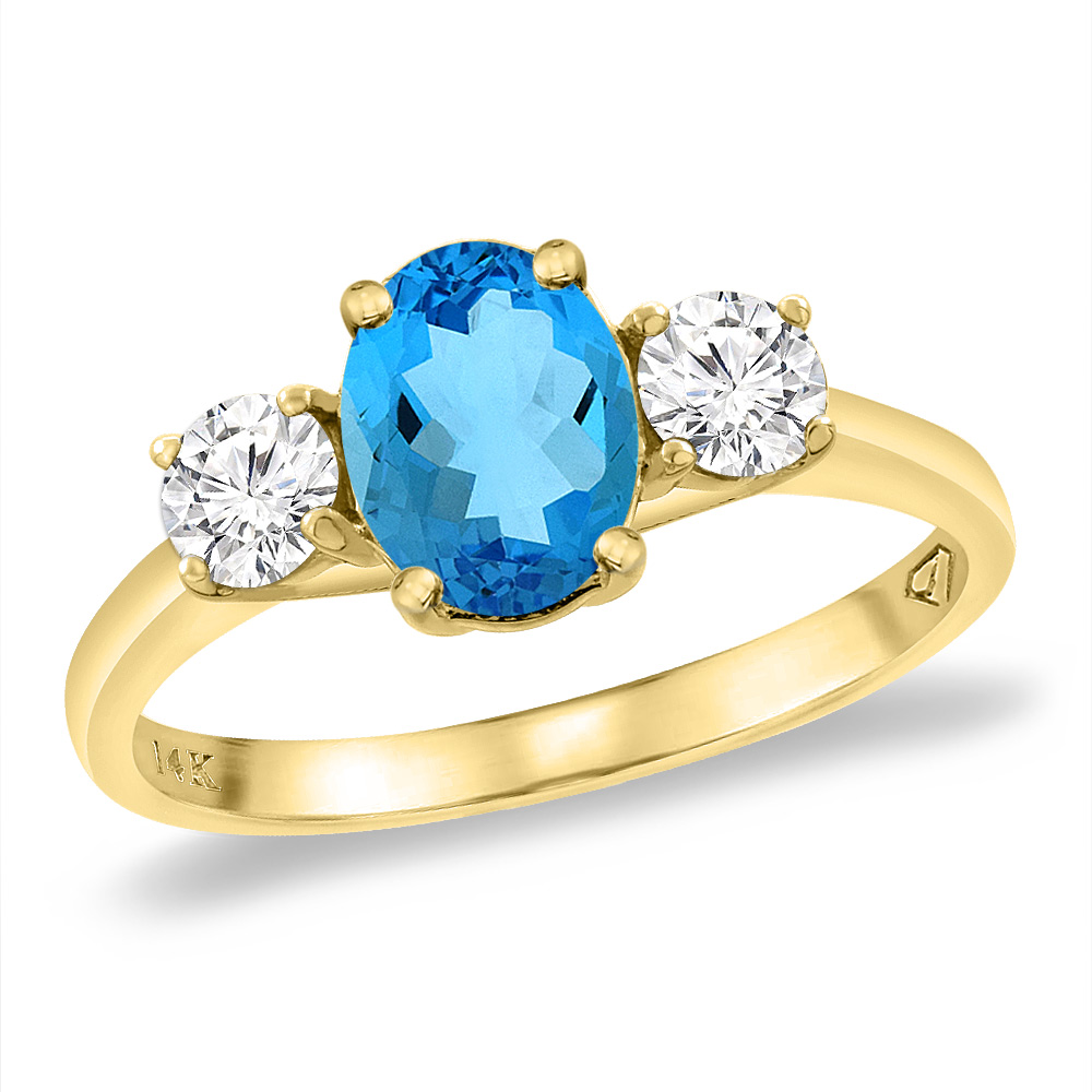 Sabrina Silver 14K Yellow Gold Natural Swiss Blue Topaz & 2pc. Diamond Engagement Ring Oval 8x6 mm, sizes 5 -10