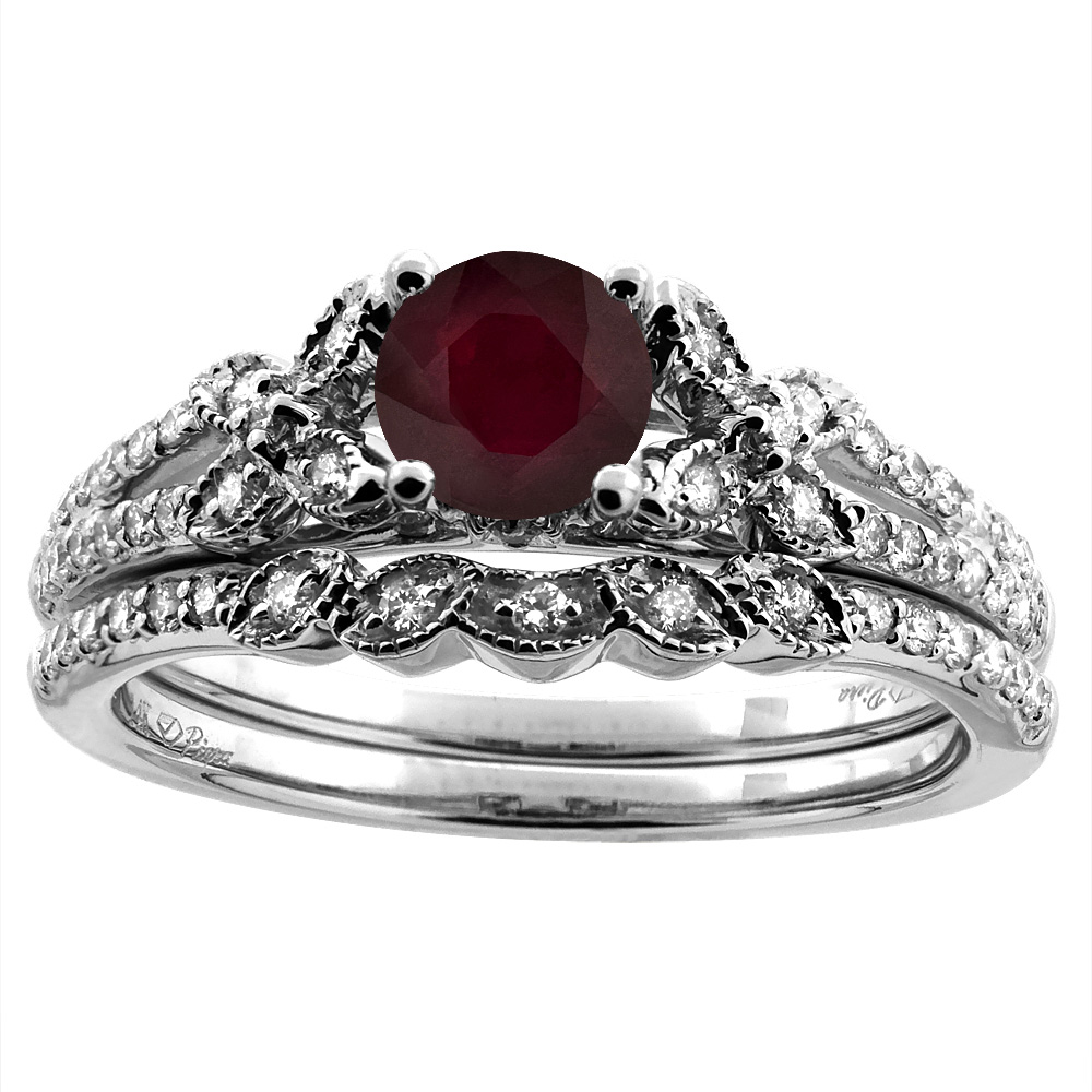 Sabrina Silver 14K White/Yellow Gold Floral Diamond Enhanced Genuine Ruby 2pc Engagement Ring Set Round 5 mm, sizes 5-10