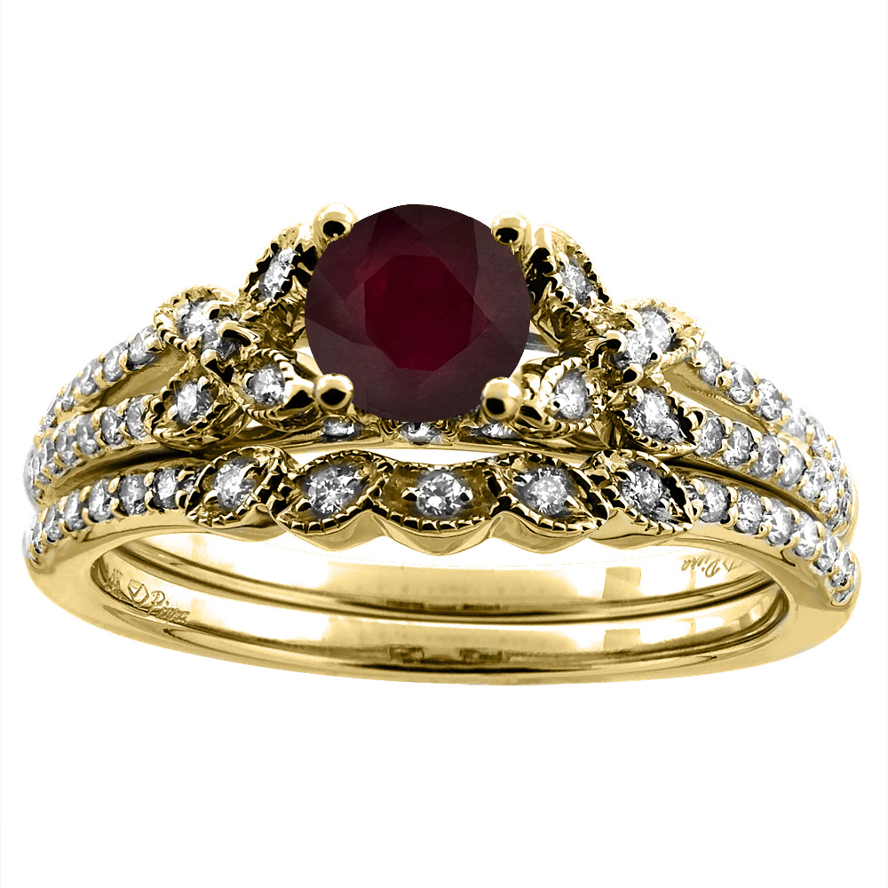 Sabrina Silver 14K Yellow Gold Floral Diamond Enhanced Genuine Ruby 2pc Engagement Ring Set Round 5 mm, sizes 5-10