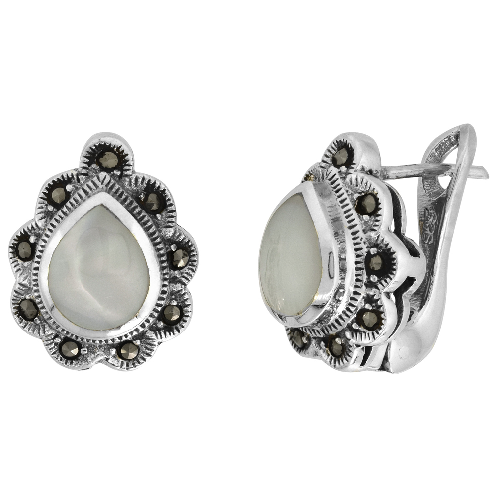 Sabrina Silver Sterling Silver Mother of Pearl Marcasite Clip Earrings Teardrop, 1/2 inch wide