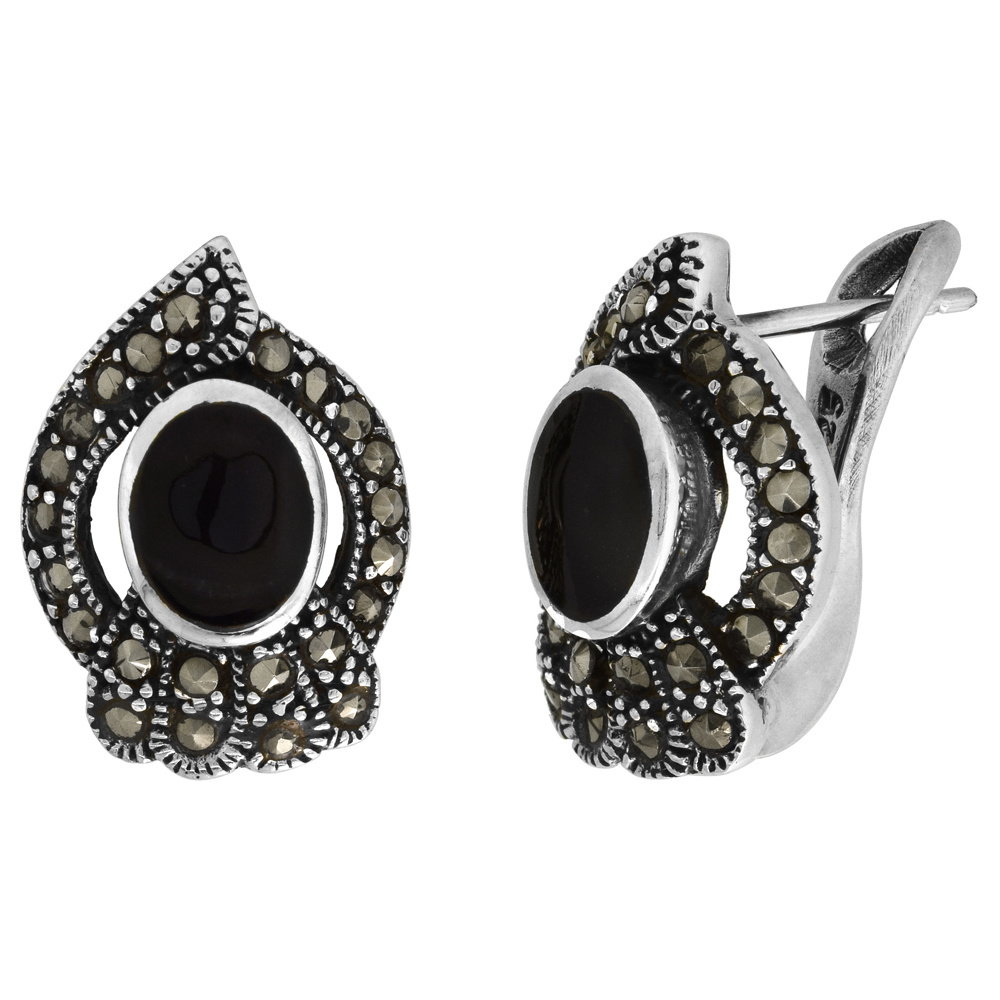 Sabrina Silver Sterling Silver Black Onyx Marcasite Clip Earrings Teardrop, 1/2 inch wide