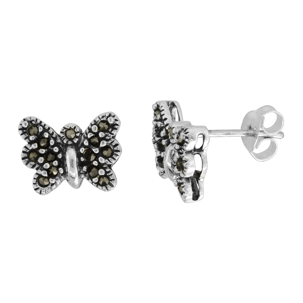 Sabrina Silver Sterling Silver Butterfly Marcasite Stud Earrings Small, 7/16 inch wide