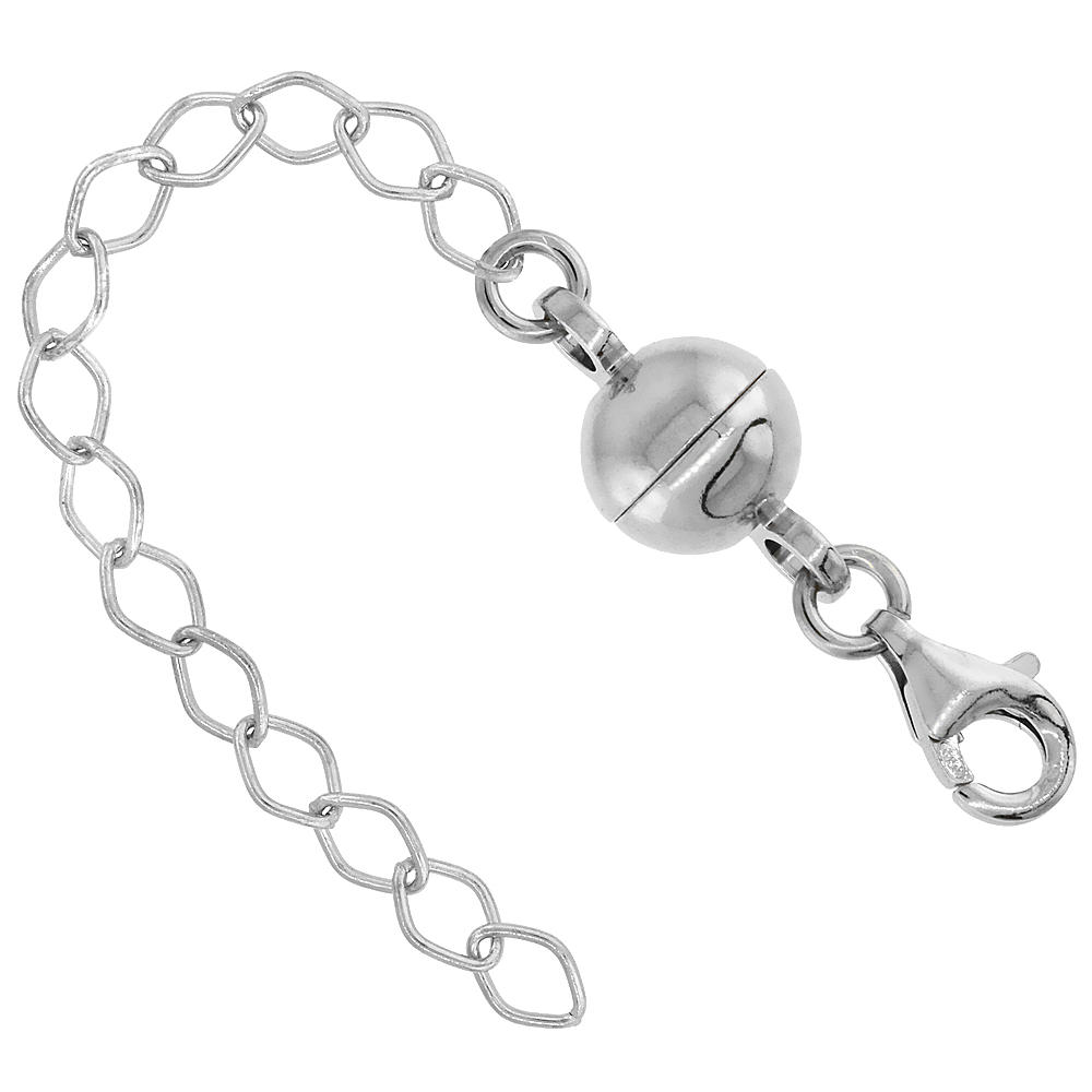 Sabrina Silver Sterling Silver 8 mm Magnetic Ball Clasp Converter Rhodium Finish 2 inch Extention, Medium size