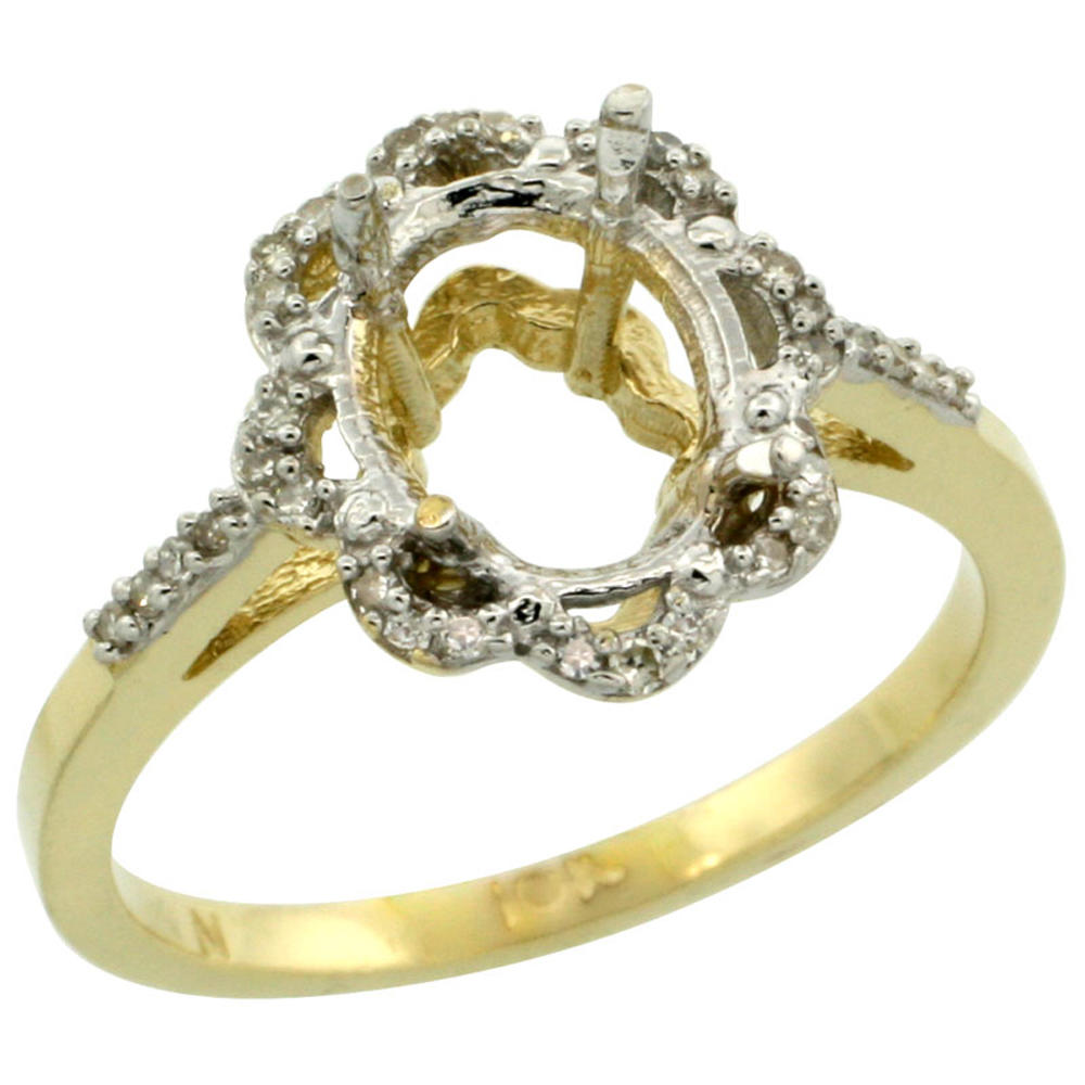 Sabrina Silver 10k Yellow Gold Semi-Mount Floral Ring ( 9x7 mm ) Oval Stone & 0.1 ct Diamond Accent, sizes 5 - 10