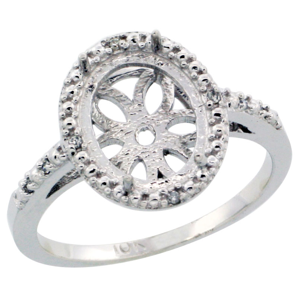 Sabrina Silver 10k White Gold Semi-Mount Ring ( 10x8 mm ) Oval Stone & 0.05 ct Diamond Accent, sizes 5 - 10