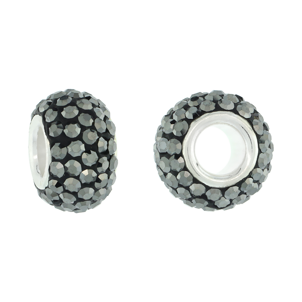 Sabrina Silver Sterling Silver Crystal Charm Bead Black Color Charm Bracelet Compatible, 13 mm