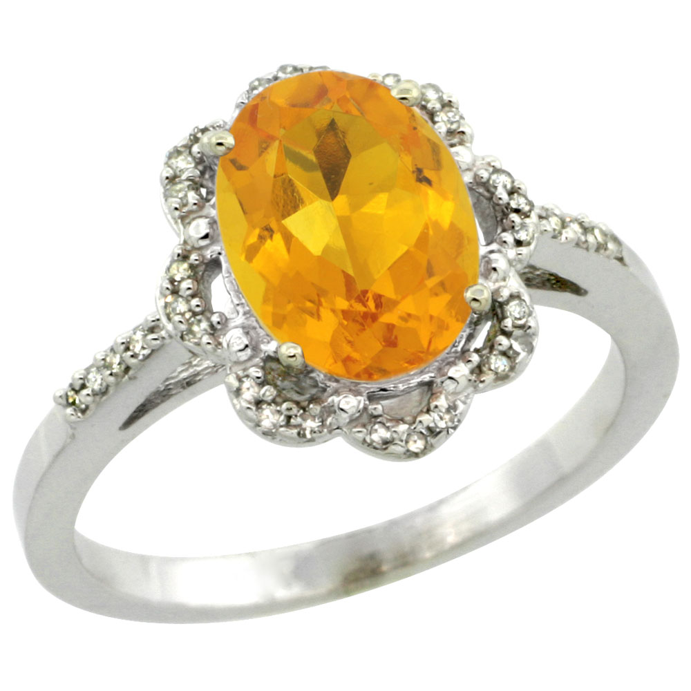 Sabrina Silver 10K White Gold Diamond Halo Natural Citrine Engagement Ring Oval 9x7mm, sizes 5-10