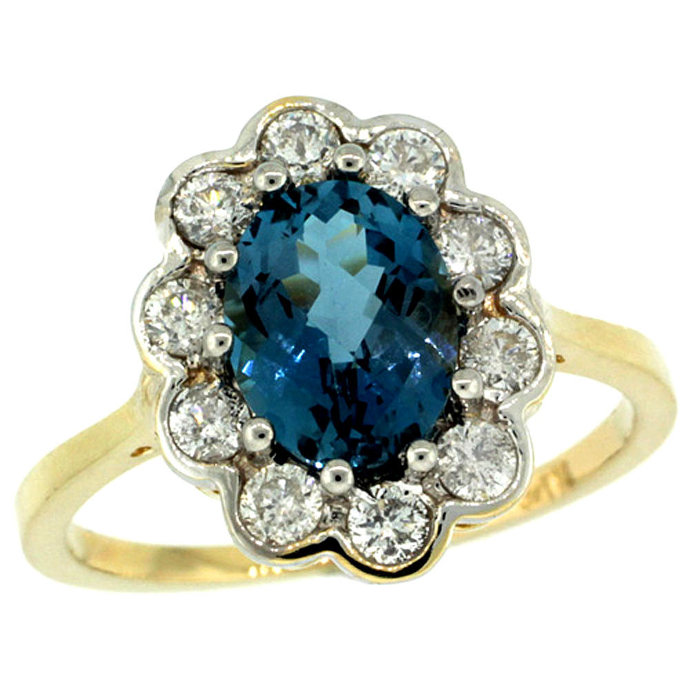 Sabrina Silver 14k Yellow Gold Halo Engagement London Blue Topaz Engagement Ring Diamond Accents Oval 9x7mm, sizes 5 - 10