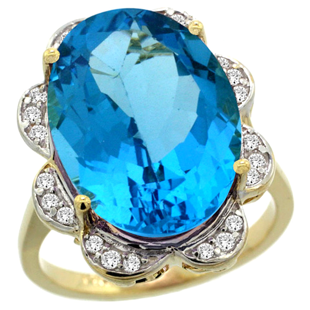 Sabrina Silver 14k Yellow Gold Natural Swiss Blue Topaz Ring Oval 18x13mm Diamond Floral Halo, 3/4inch wide, sizes 5 - 10