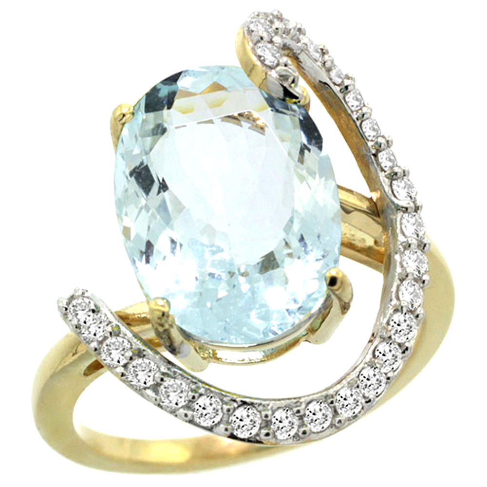 Sabrina Silver 14k Yellow Gold Natural Aquamarine Ring Oval 14x10 Diamond Accent, 3/4inch wide, sizes 5 - 10