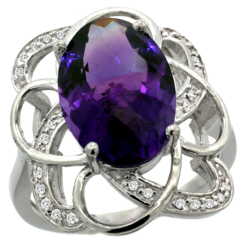 Sabrina Silver 14k White Gold Natural Amethyst Floral Design Ring 13x9 mm Oval Shape Diamond Accent, 7/8inch wide