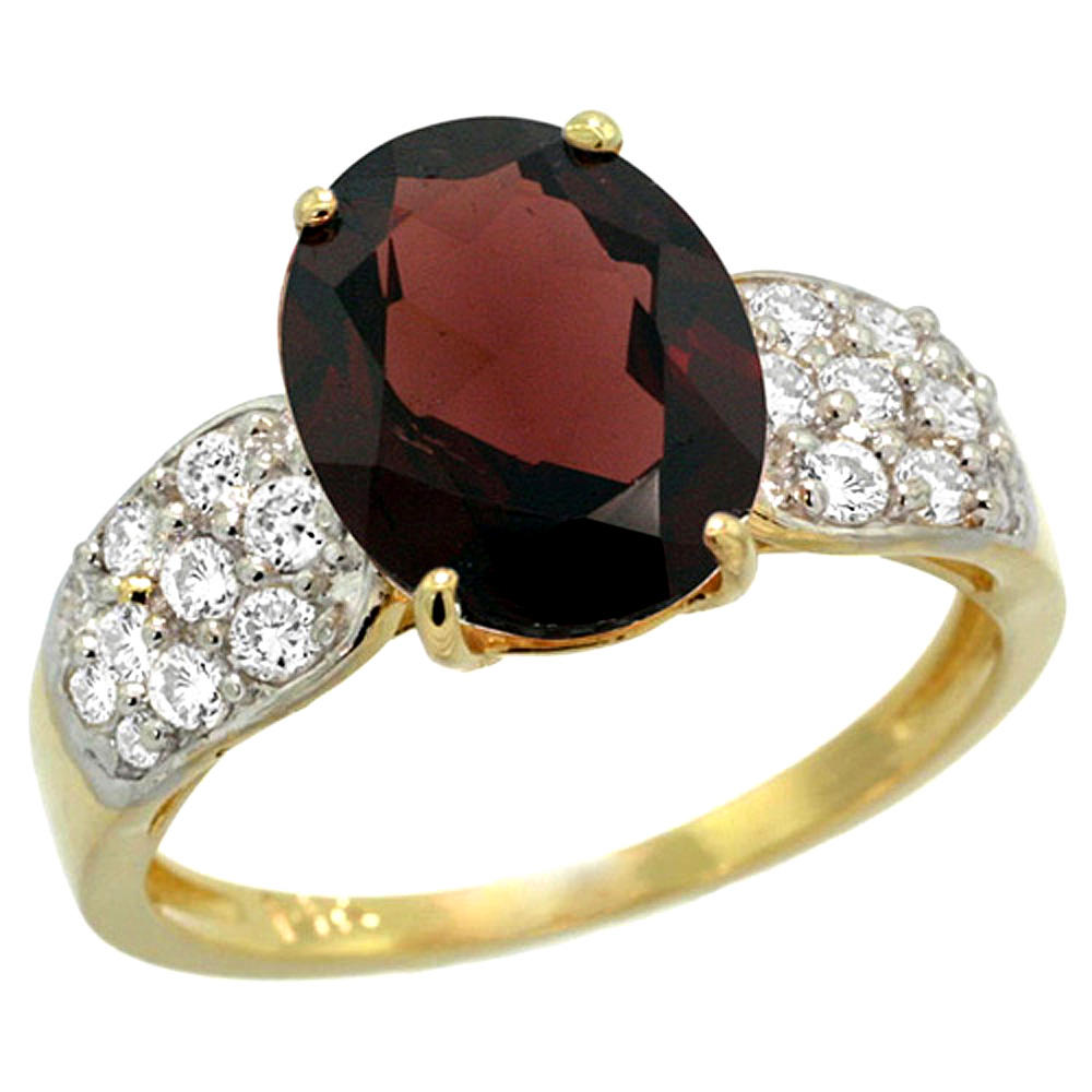 Sabrina Silver 14k Yellow Gold Natural Garnet Ring Oval 10x8mm Diamond Accent, 7/16inch wide, sizes 5 - 10