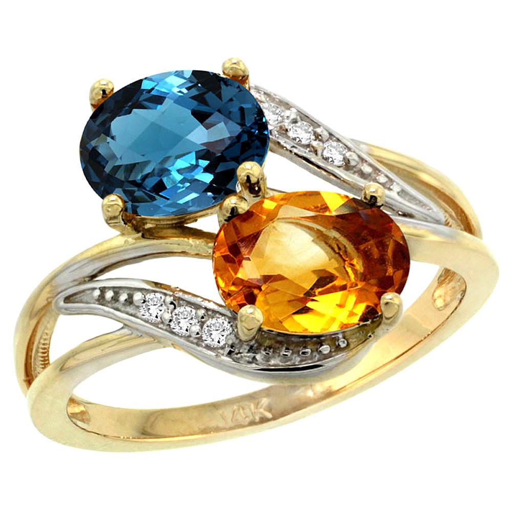 Sabrina Silver 14K Yellow Gold Diamond Natural London Blue Topaz & Citrine 2-stone Ring Oval 8x6mm, sizes 5 - 10