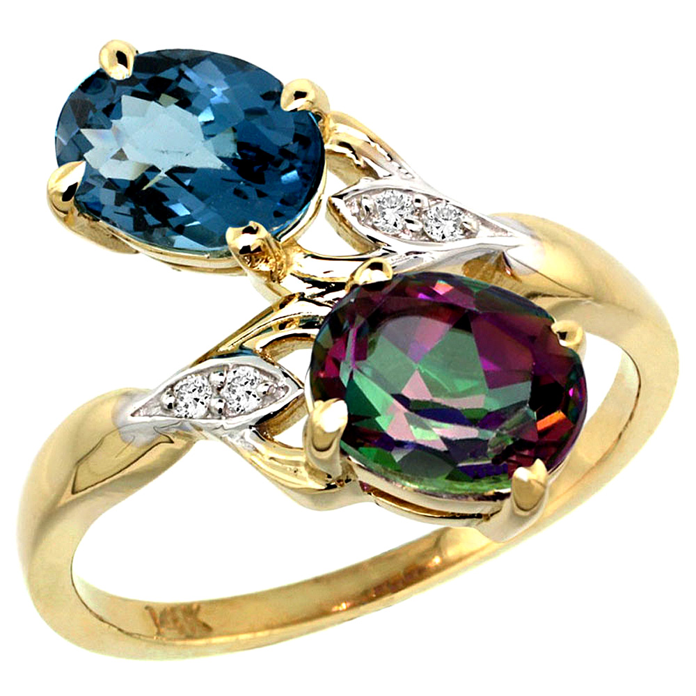 Sabrina Silver 14k Yellow Gold Diamond Natural London Blue & Mystic Topaz 2-stone Ring Oval 8x6mm, sizes 5 - 10