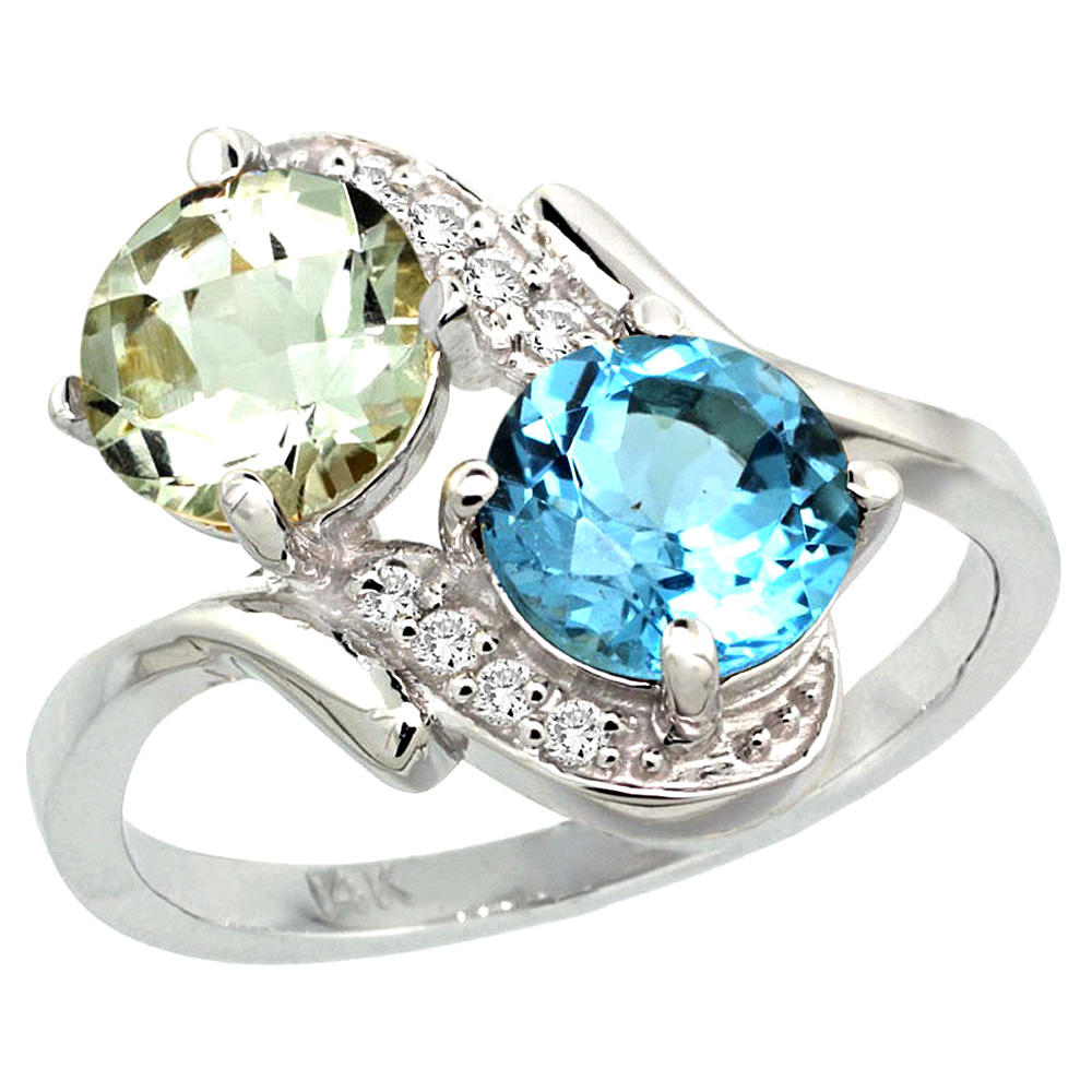 Sabrina Silver 14k White Gold Diamond Natural Green Amethyst & Swiss Blue Topaz Mother"s Ring Round 7mm, 3/4 inch wide, sizes 5 - 10