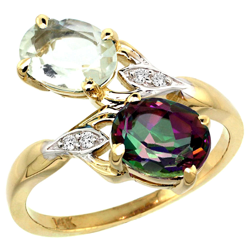 Sabrina Silver 14k Yellow Gold Diamond Natural Green Amethyst & Mystic Topaz 2-stone Ring Oval 8x6mm, sizes 5 - 10