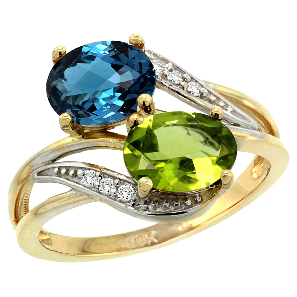 Sabrina Silver 14K Yellow Gold Diamond Natural London Blue Topaz & Peridot 2-stone Ring Oval 8x6mm, sizes 5 - 10