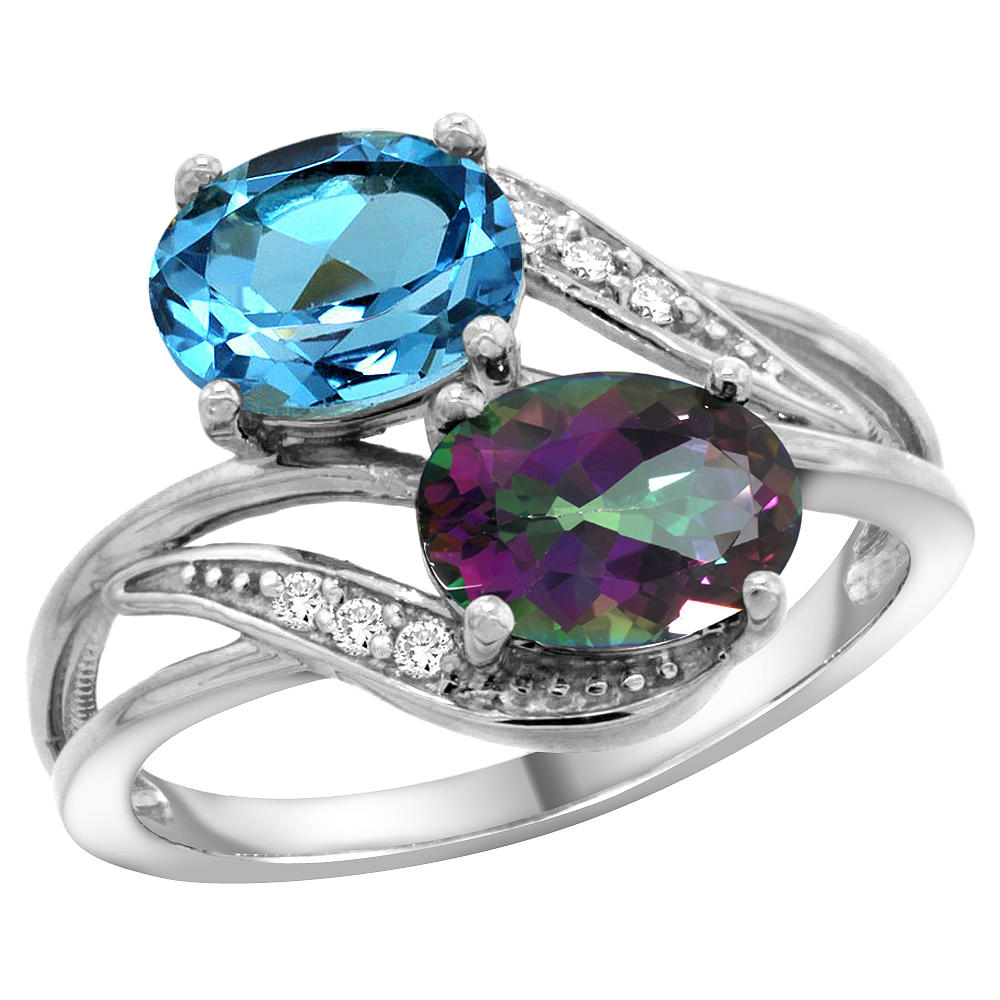 Sabrina Silver 14K White Gold Diamond Natural Swiss Blue & Mystic Topaz 2-stone Ring Oval 8x6mm, sizes 5 - 10