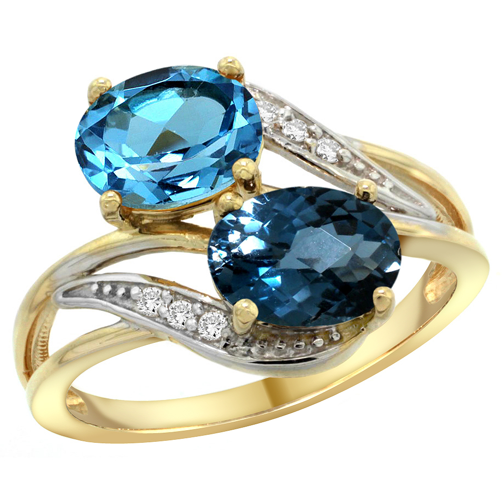 Sabrina Silver 14K Yellow Gold Diamond Natural Swiss & London Blue Topaz 2-stone Ring Oval 8x6mm, sizes 5 - 10