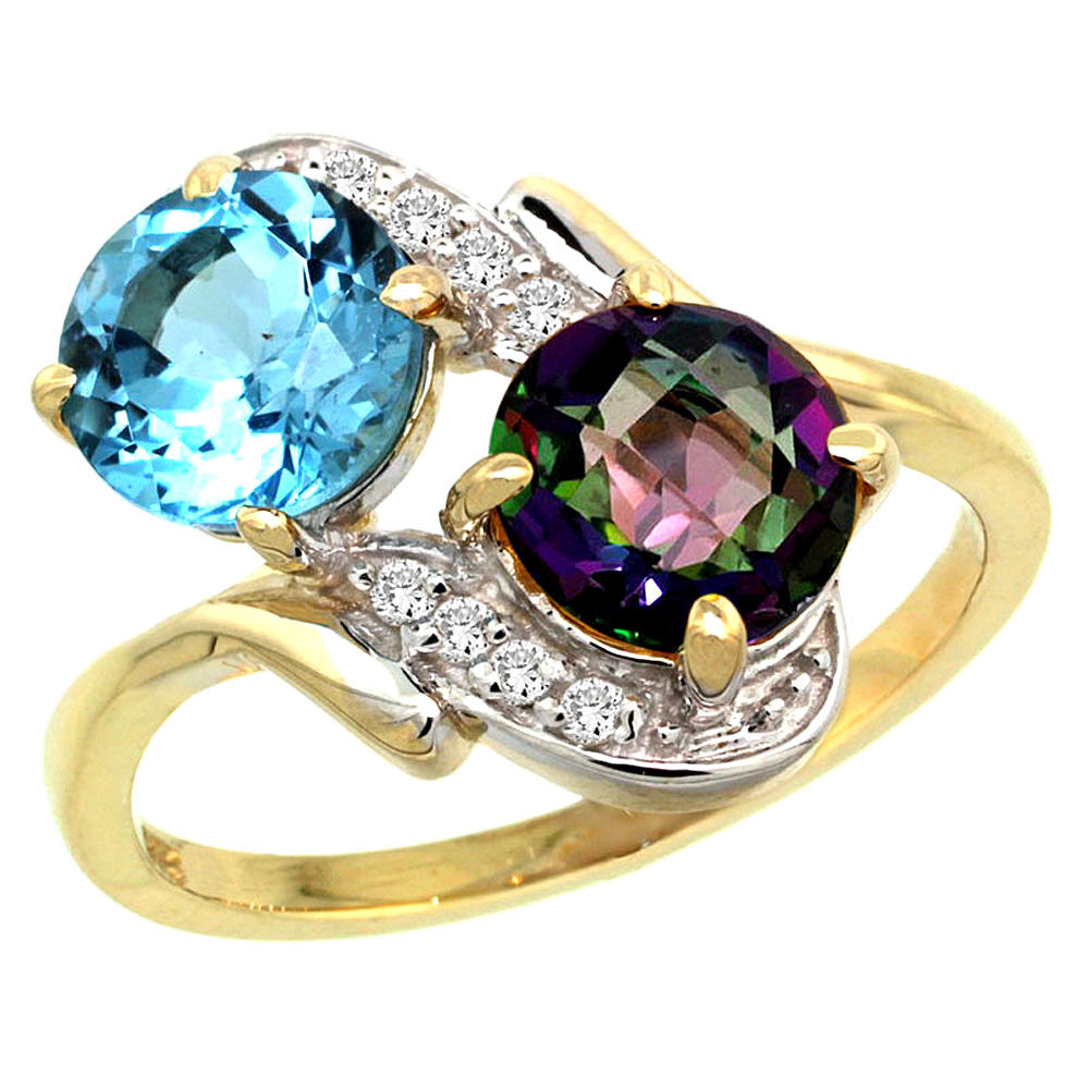 Sabrina Silver 14k Yellow Gold Diamond Natural Swiss Blue & Mystic Topaz Mother"s Ring Round 7mm, 3/4 inch wide, sizes 5 - 10
