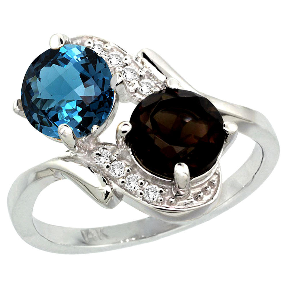 Sabrina Silver 14k White Gold Diamond Natural London Blue & Smoky Topaz Mother"s Ring Round 7mm, 3/4 inch wide, sizes 5 - 10