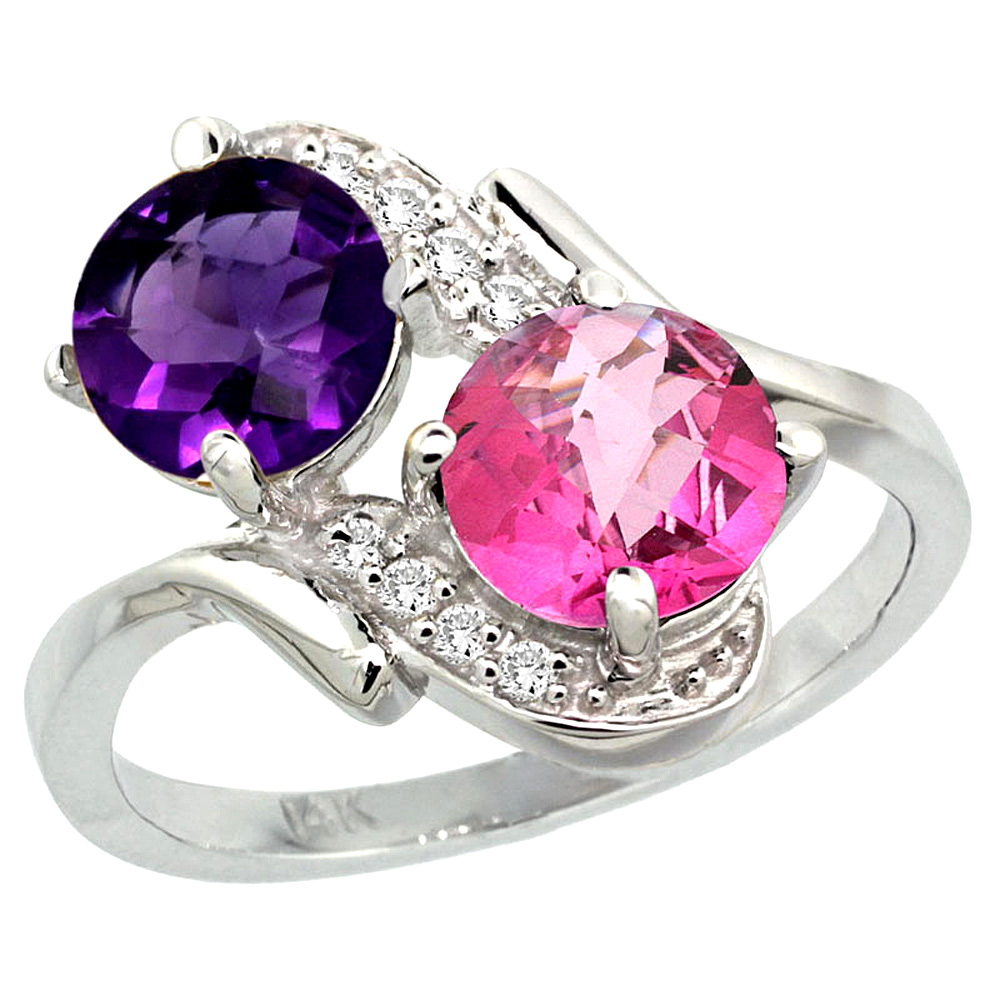 Sabrina Silver 14k White Gold Diamond Natural Amethyst & Pink Topaz Mother"s Ring Round 7mm, 3/4 inch wide, sizes 5 - 10