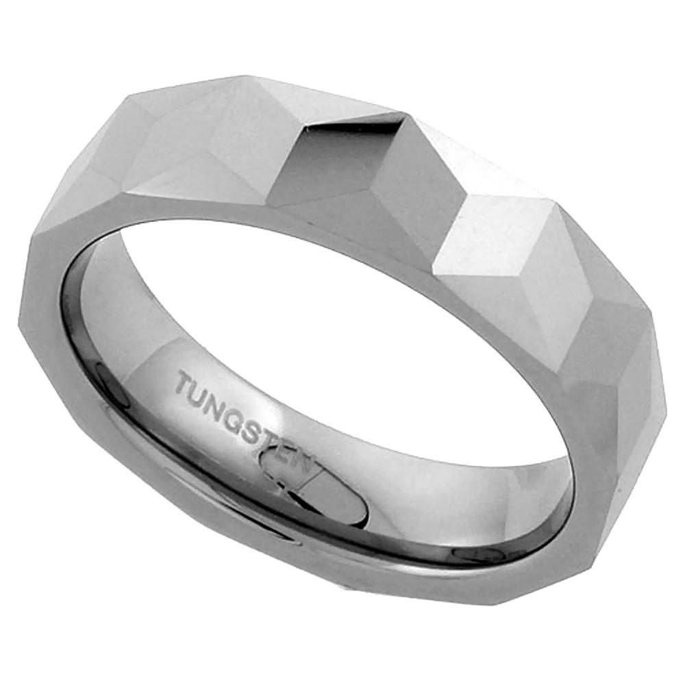 Sabrina Silver Tungsten Carbide 6 mm Faceted Flat Band Ring Triangular Prism Patterns, sizes 7 to 13