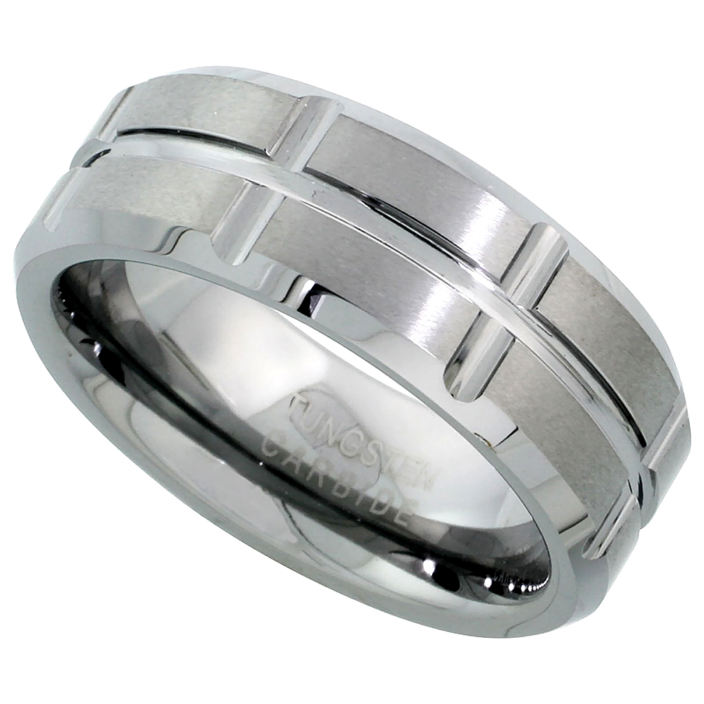 Sabrina Silver Tungsten Carbide 8 mm Flat Wedding Band Ring Grooved Center & vertical Grooves Satin Finished Beveled Edges, sizes 7 to 14