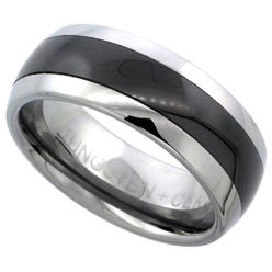 Sabrina Silver Tungsten Carbide 8 mm Domed Wedding Band Ring Black Ceramic Center Stripe Inlay, sizes 9 to 14