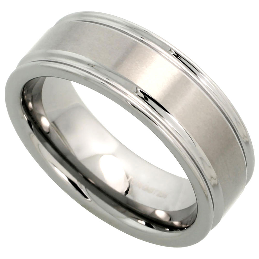 Sabrina Silver Tungsten Carbide 8 mm Flat Wedding Band Ring Deep Grooved Edges Satin Finished, sizes 7 to 14