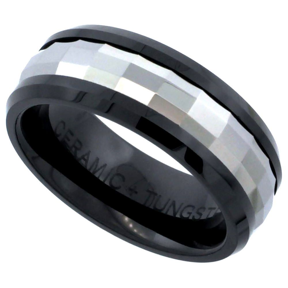 Sabrina Silver Black Ceramic Faceted Tungsten 8 mm Flat Wedding Band Ring For Men, sizes 9 to 14