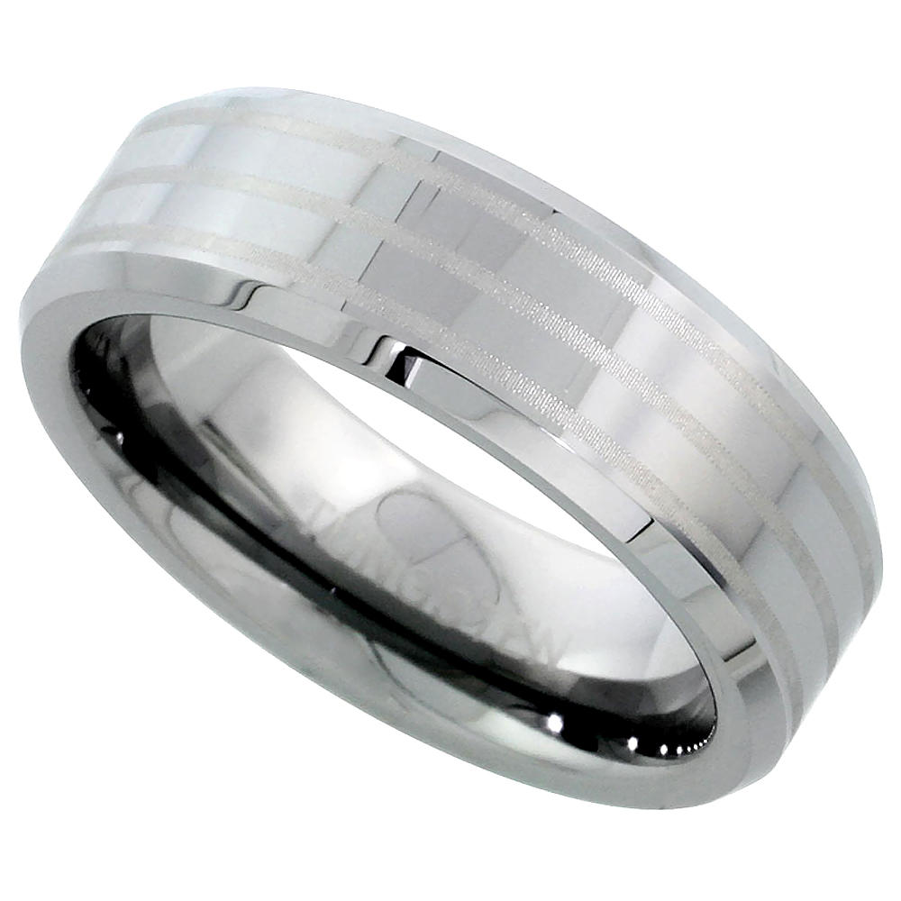 Sabrina Silver Tungsten Carbide 7 mm Flat Wedding Band Ring 3 Etched Stripes Beveled Edges, sizes 7 to 14
