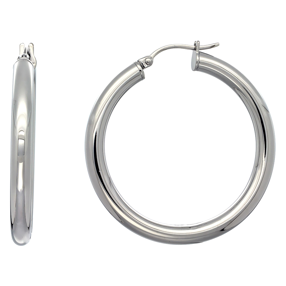 Sabrina Silver Stainless Steel Hoop Earrings 1 2 Inch Polished 4mm Sabrina Silver Stainless Steel Hoop Earrings 1 2 Inch Polished 4mm Plain Light Weight
