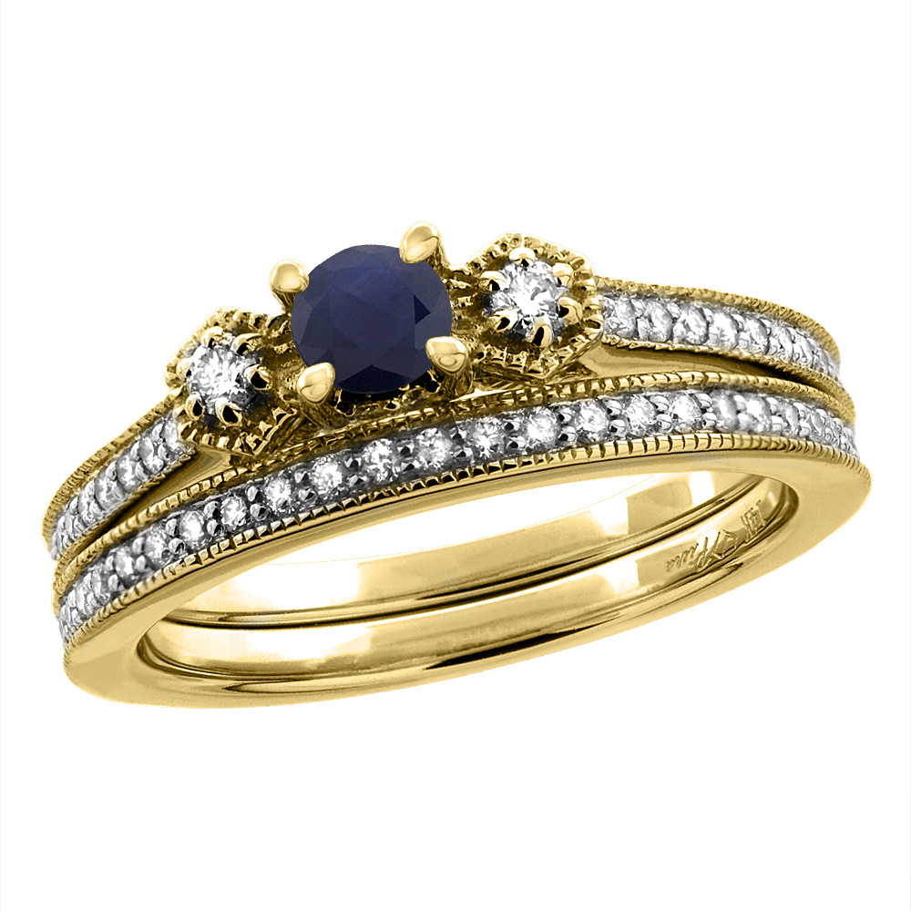 Sabrina Silver 14K Yellow Gold Diamond Natural Blue Sapphire 2pc Engagement Ring Set Round 4 mm, sizes 5 - 10