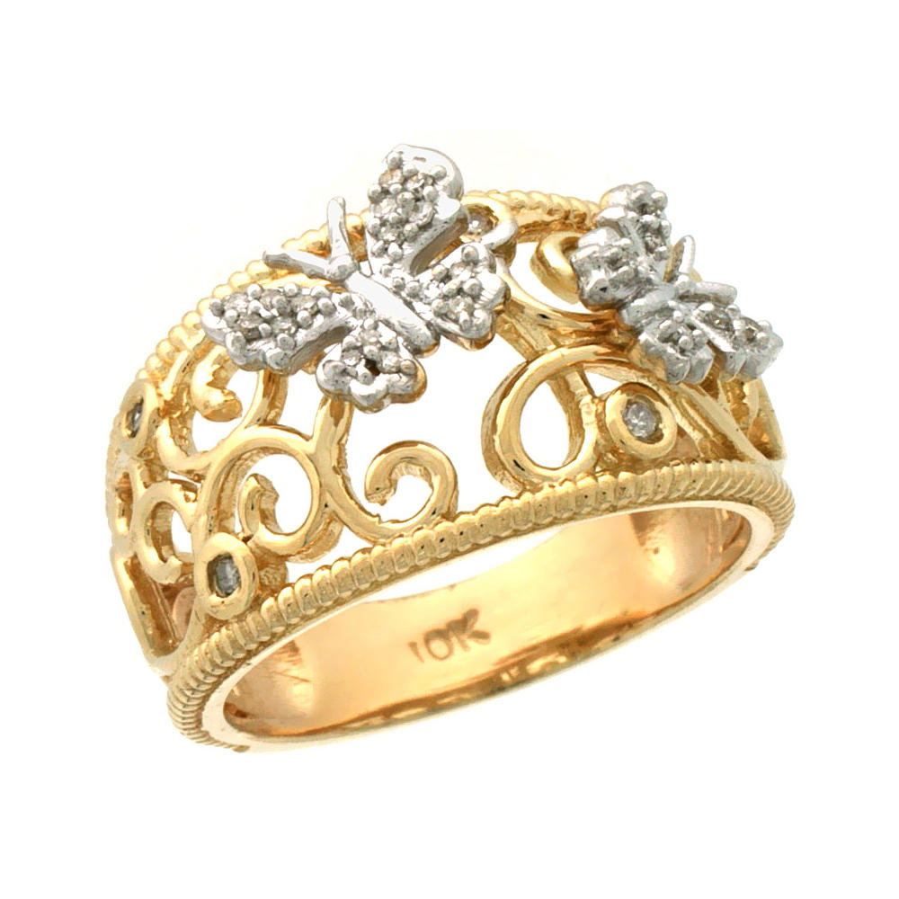 Sabrina Silver 10k Gold Butterfly & Swirls Diamond Ring w/ 0.11 Carat Brilliant Cut Diamonds, 7/16 in. (11.5mm) wide