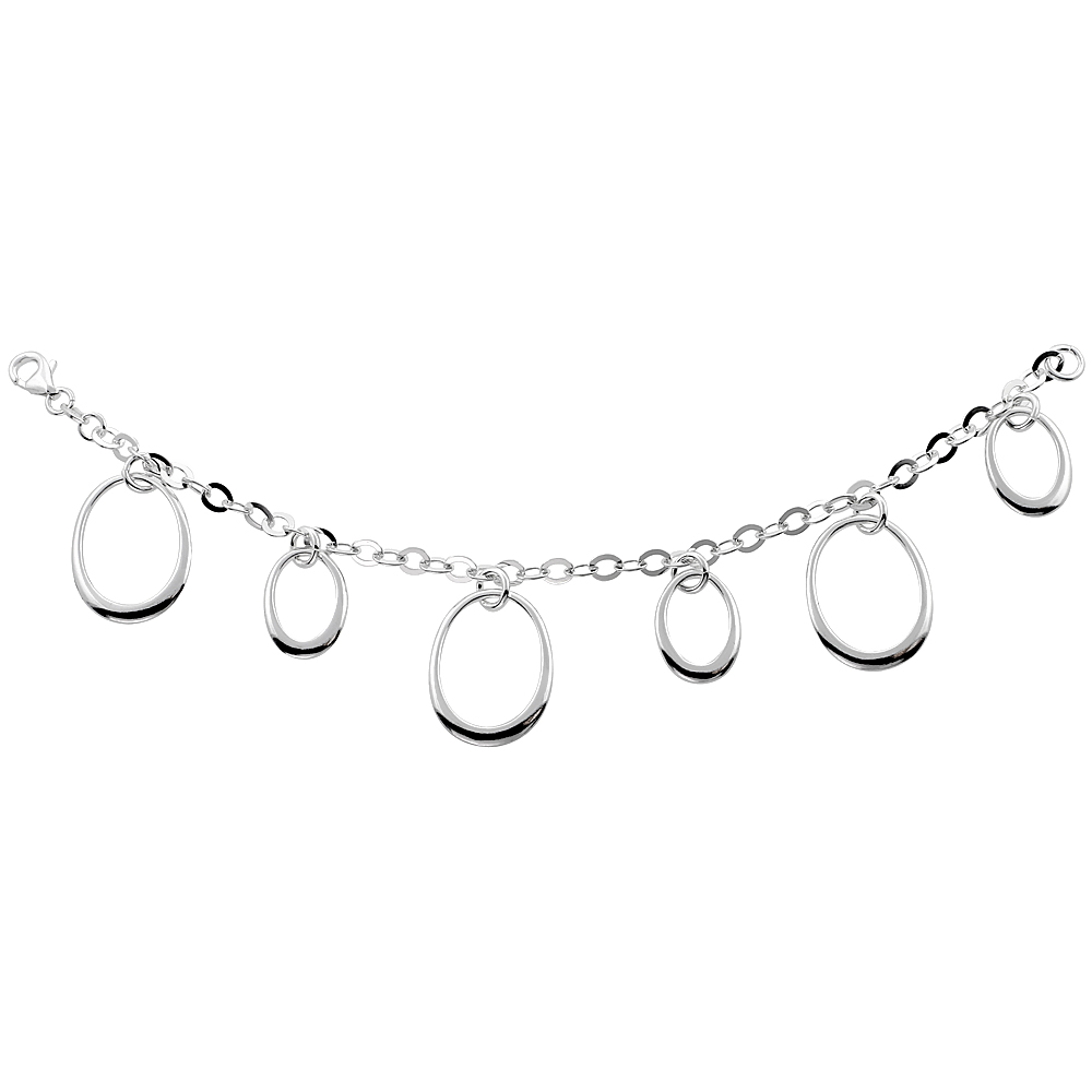 Sabrina Silver Sterling Silver Dangle Oval Cut Outs Rolo Link Charm Bracelet, 3/4 inch wide