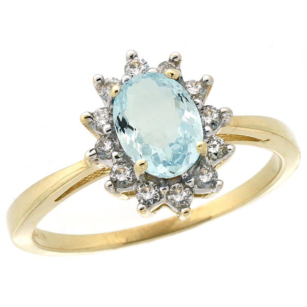Sabrina Silver 10k Yellow Gold Natural Aquamarine Engagement Ring Oval 7x5mm Diamond Halo, sizes 5-10