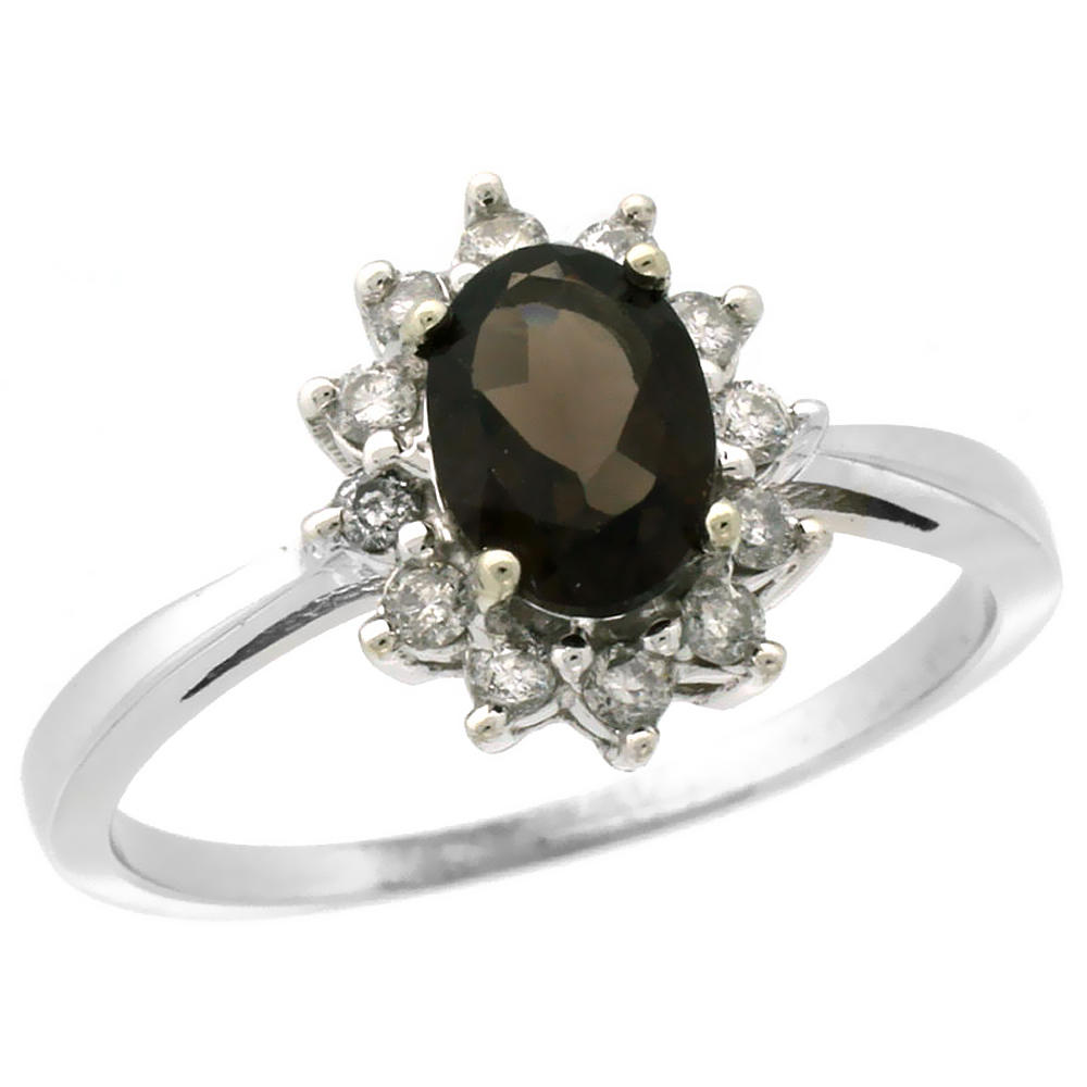 Sabrina Silver 10k White Gold Natural Smoky Topaz Engagement Ring Oval 7x5mm Diamond Halo, sizes 5-10