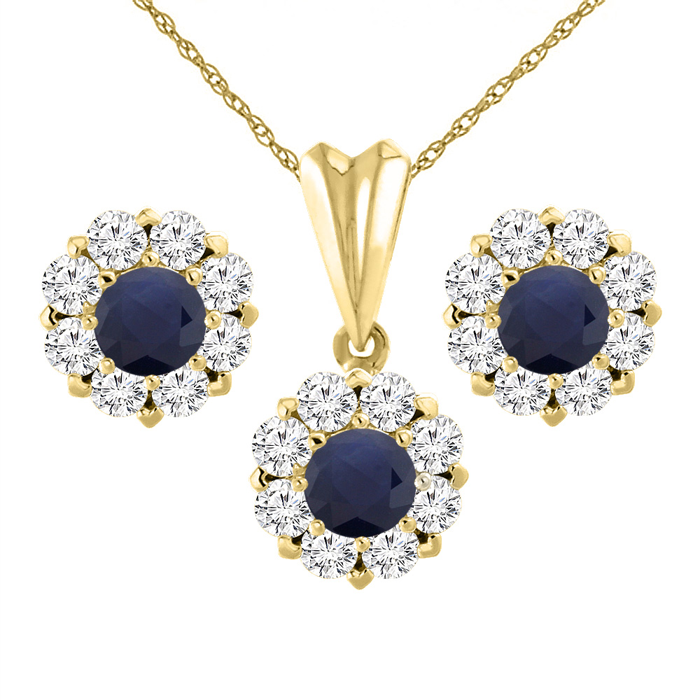 Sabrina Silver 14K Yellow Gold Diamond Halo Natural Quality Blue Sapphire Earrings & Pendant Set Round 6 mm