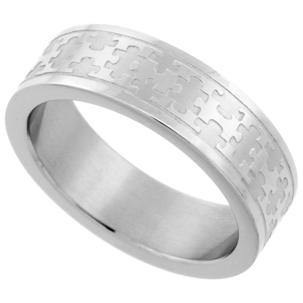 Sabrina Silver Surgical Stainless Steel 6 mm Autism Awareness Jigsaw Puzzle Wedding Band Ring, sizes 5 - 9