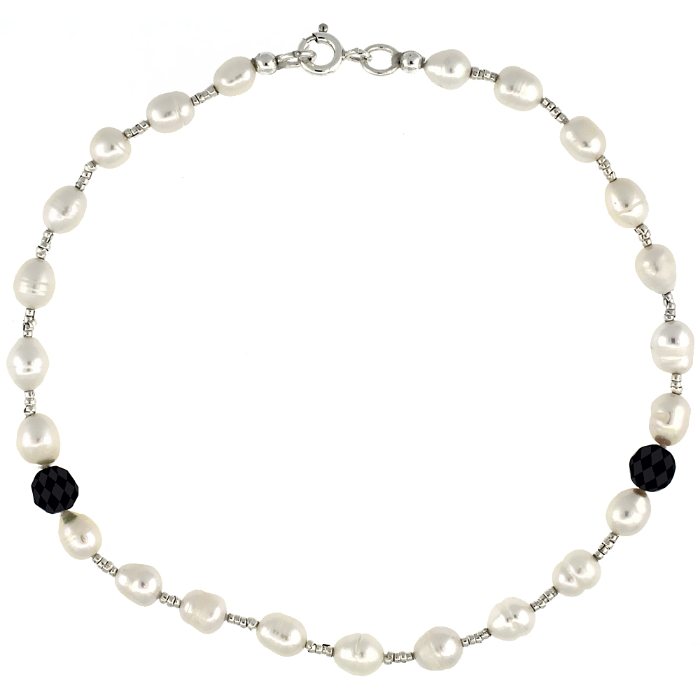Sabrina Silver 7 in. Sterling Silver Bead Bracelet w/ Freshwater Pearls & Black Onyx Stones