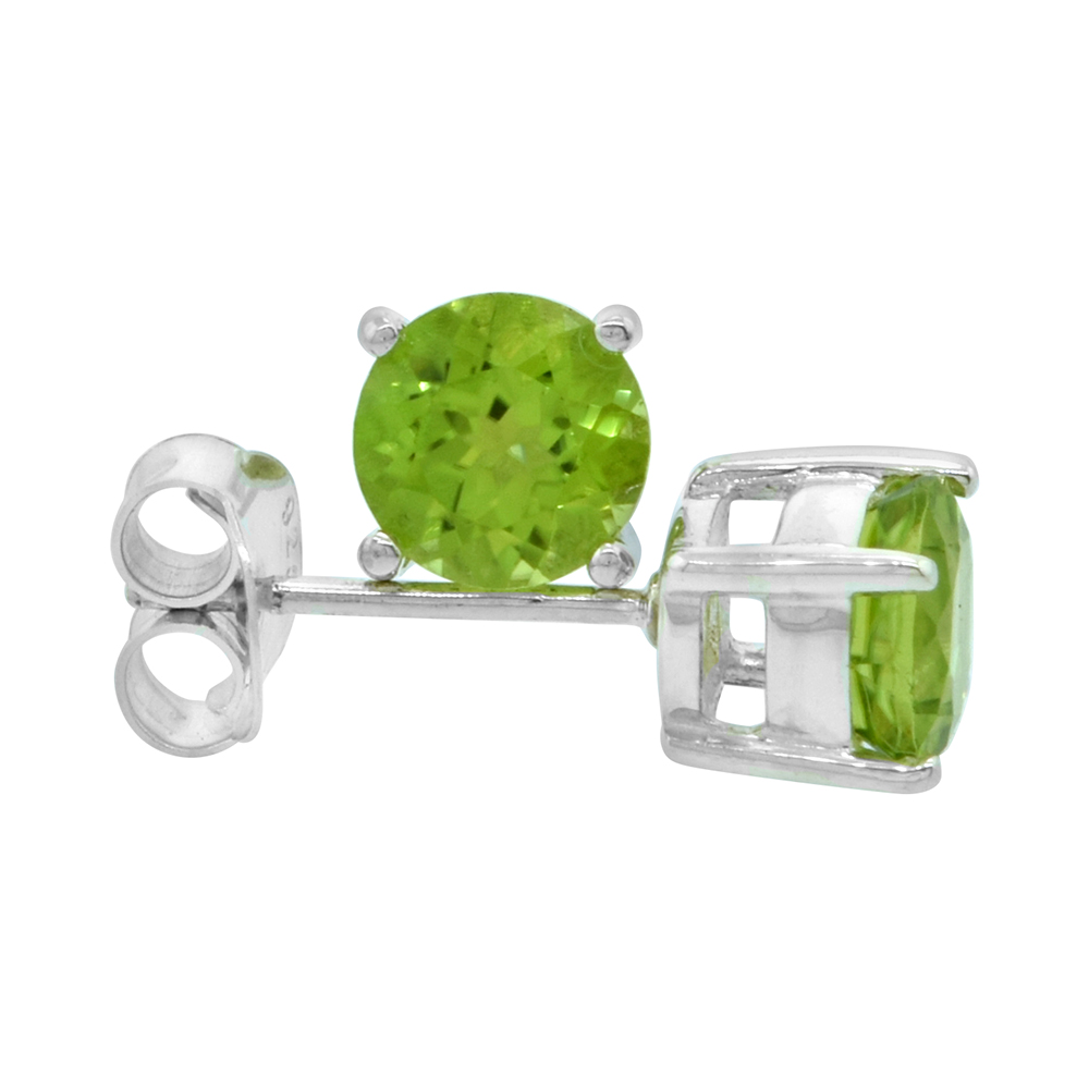 Sabrina Silver August Birthstone, Natural Peridot 1 Carat (6 mm) Size Brilliant Cut Stud Earrings in Sterling Silver Basket Setting