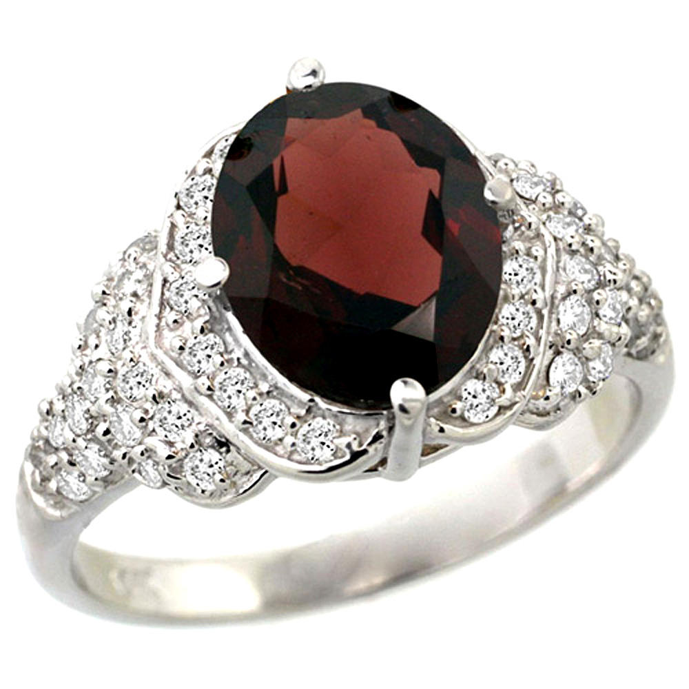 Sabrina Silver 14k White Gold Natural Garnet Ring Diamond Halo Oval 10x8mm, 1/2 inch wide, size 5