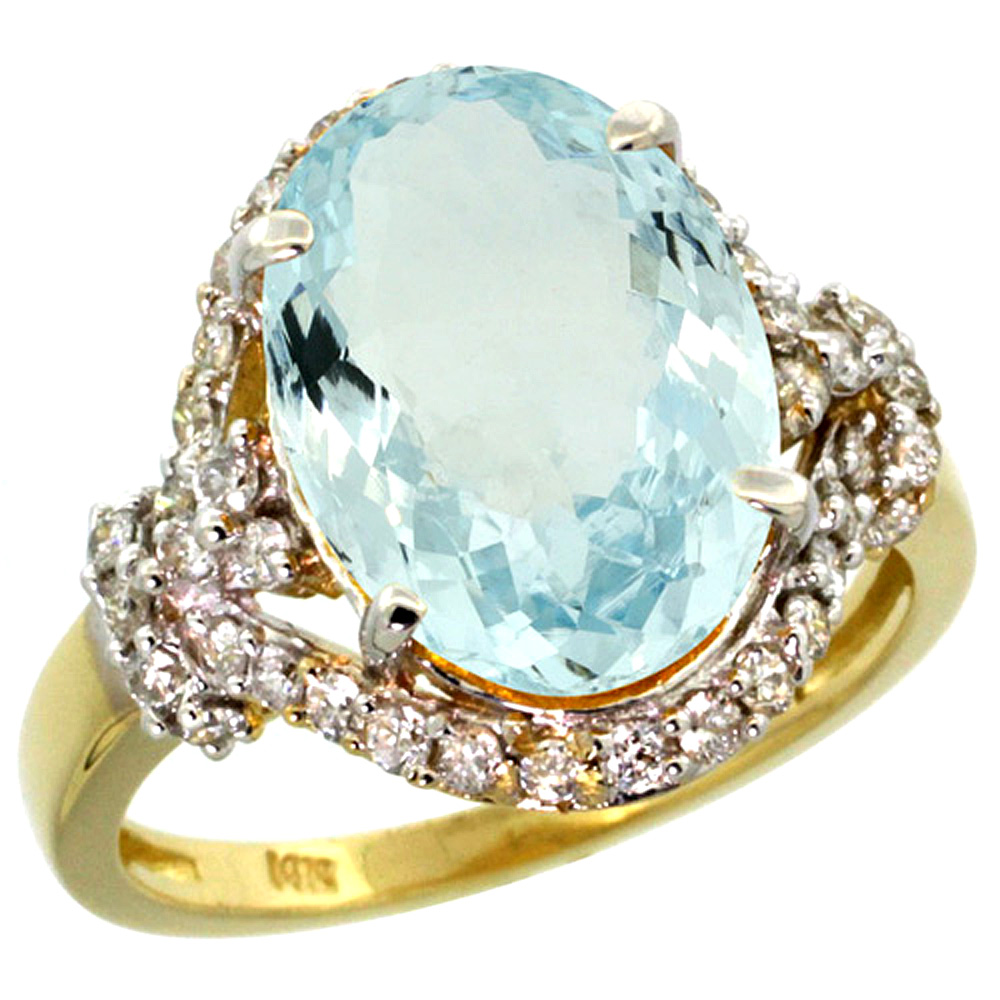Sabrina Silver 14k Yellow Gold Natural Aquamarine Ring Diamond Halo Oval 14x10mm, 3/4 inch wide, sizes 5 - 10