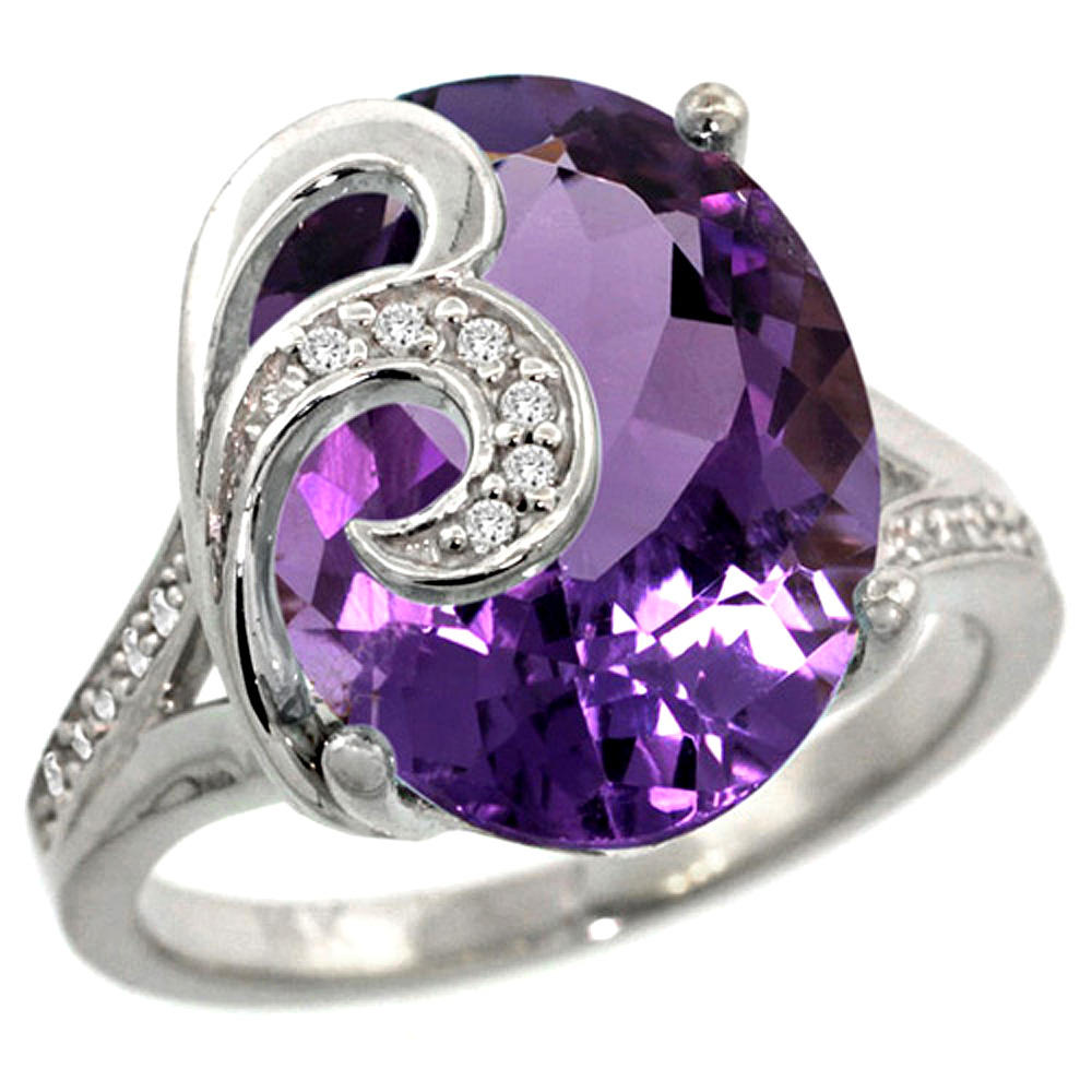 Sabrina Silver 14k White Gold Natural Amethyst Ring 16x12 mm Oval Shape Diamond Accent, 5/8 inch wide