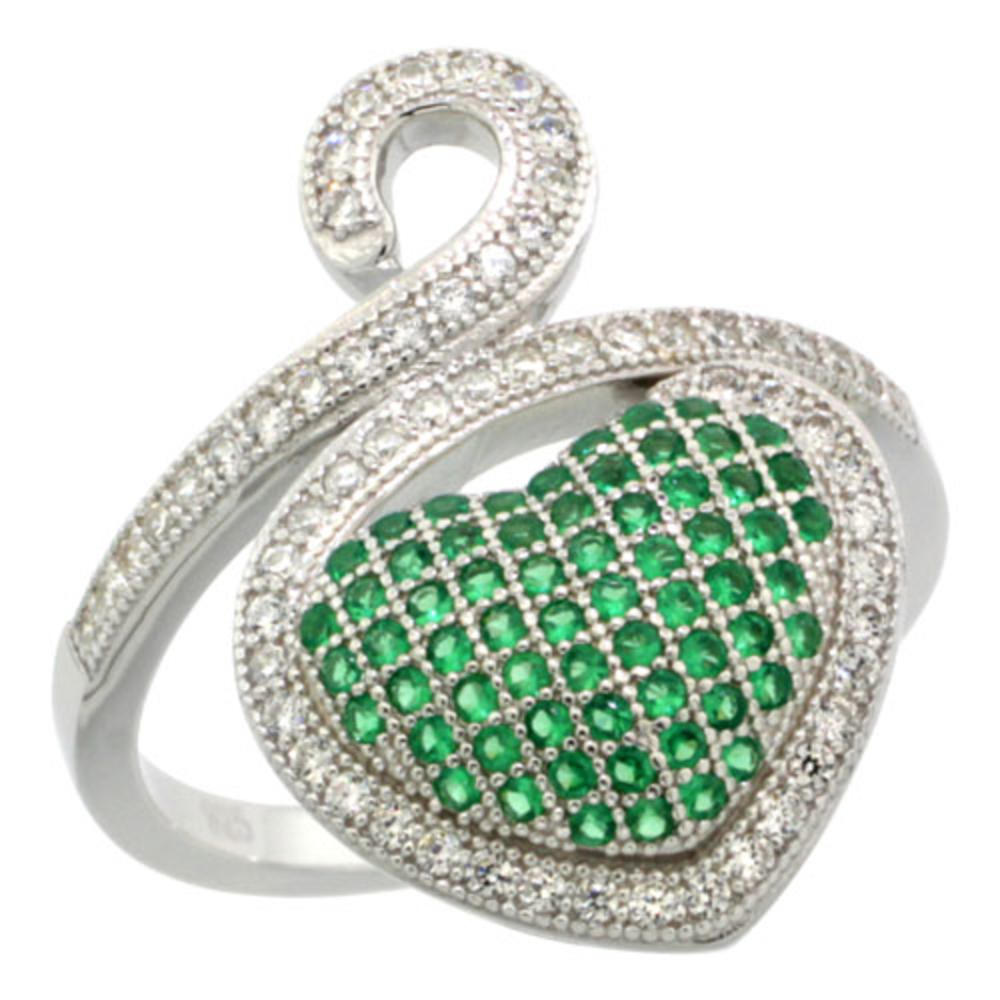 Sabrina Silver Sterling Silver Cubic Zirconia Micro Pave Swirly Heart Ring White & Green Stones, Sizes 6 to 9