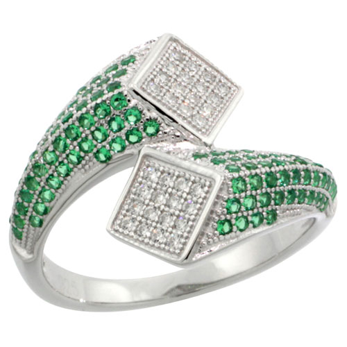 Sabrina Silver Sterling Silver Cubic Zirconia Micro Pave Water Drop Ring White & Green Stones, Sizes 6 to 9